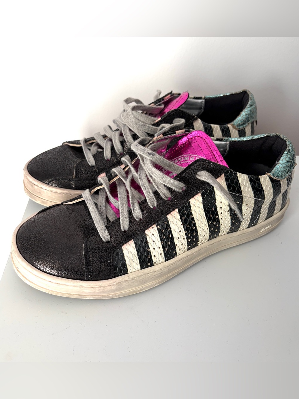 P448 Black & White Striped Low-Top Sneakers with  Metallic Pink Tongue
